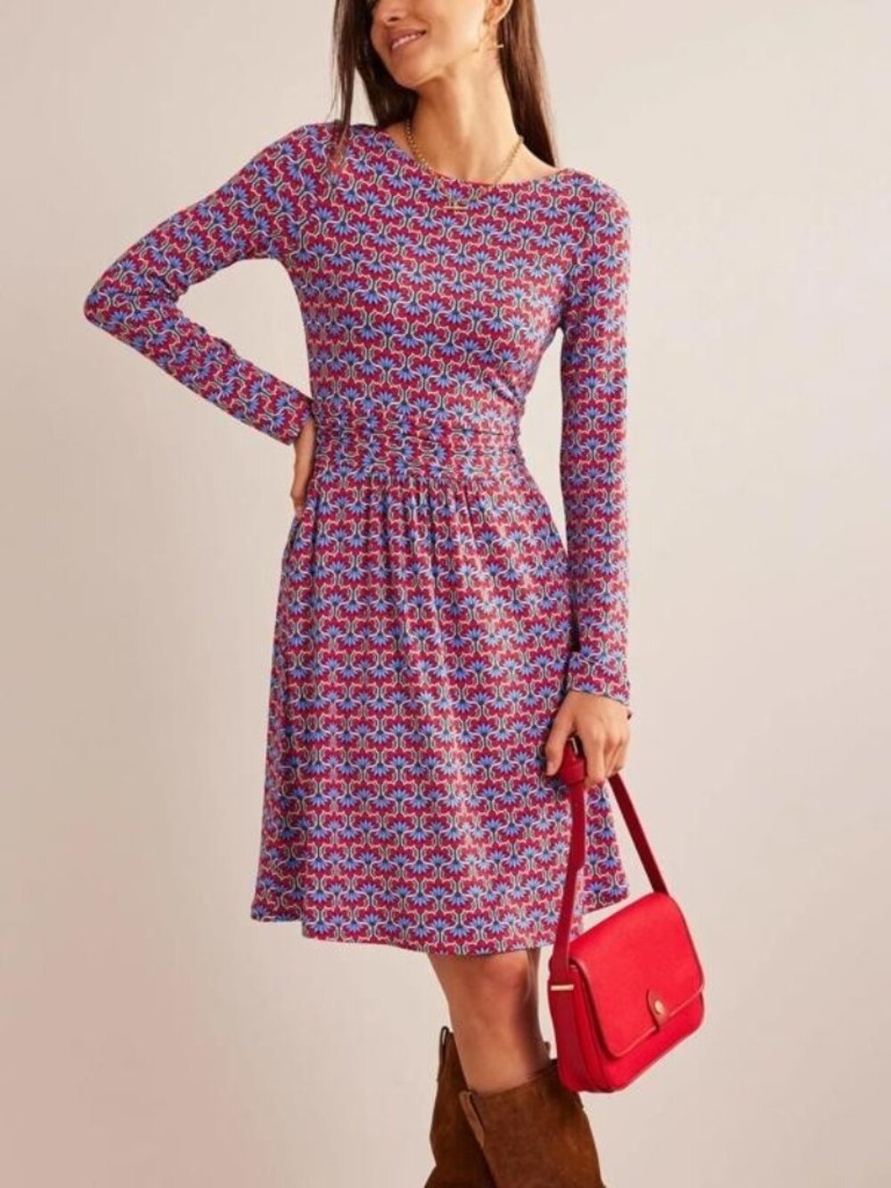 EUC Boden Abigail Long Sleeve block print Crew Neck Jersey Dress Size 8 R